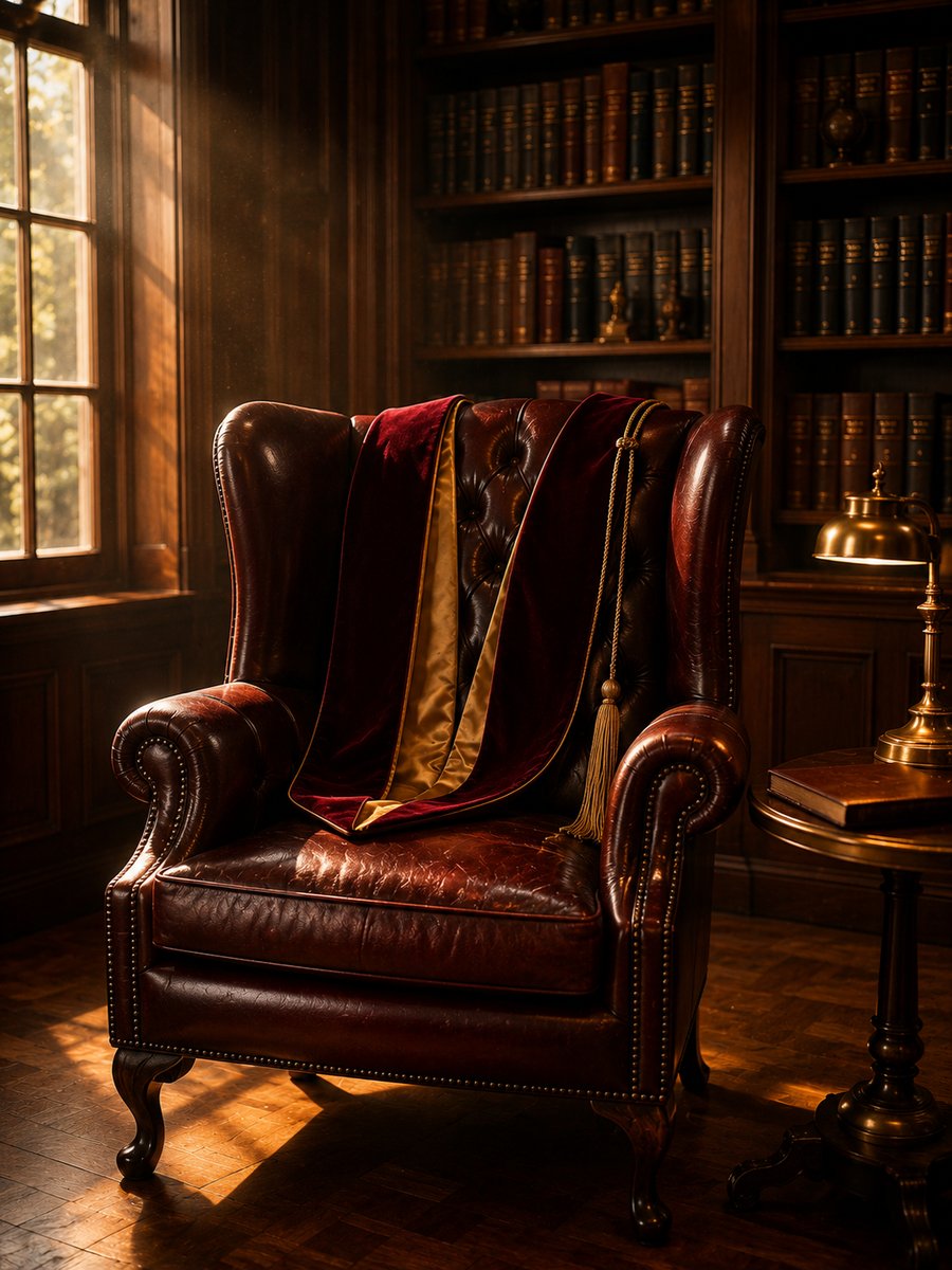 A wood-panelled library — oxblood chesterfield wing chair with a doctoral hood draped over the back, golden window light, brass lamp on a side table