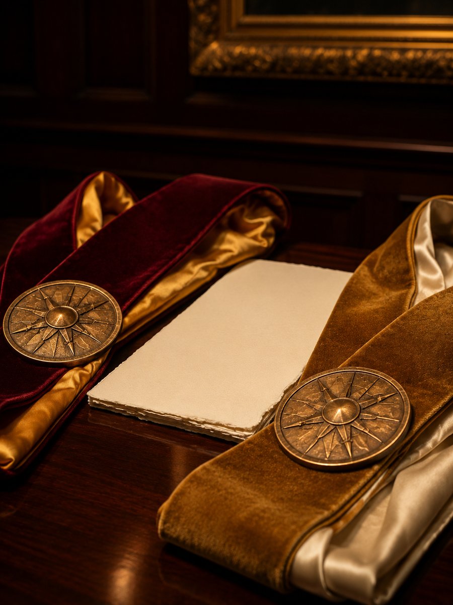 Two folded academic hoods side-by-side on a mahogany surface — one oxblood velvet, one bronze velvet — each carrying a hammered bronze medallion