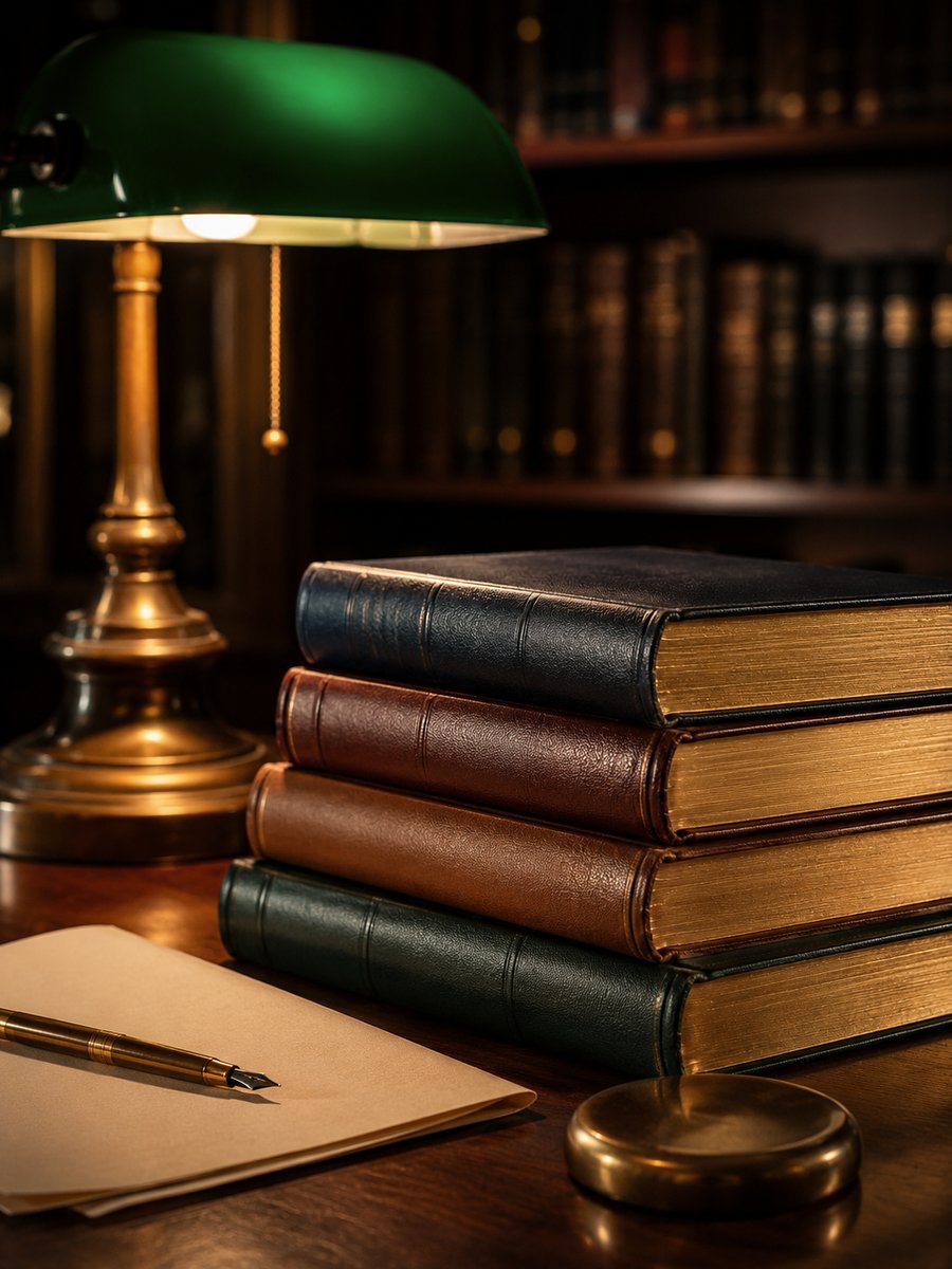 A scholar's desk — bronze banker's lamp with green glass shade, four leather-bound volumes with gilt edges, a fountain pen on cream paper
