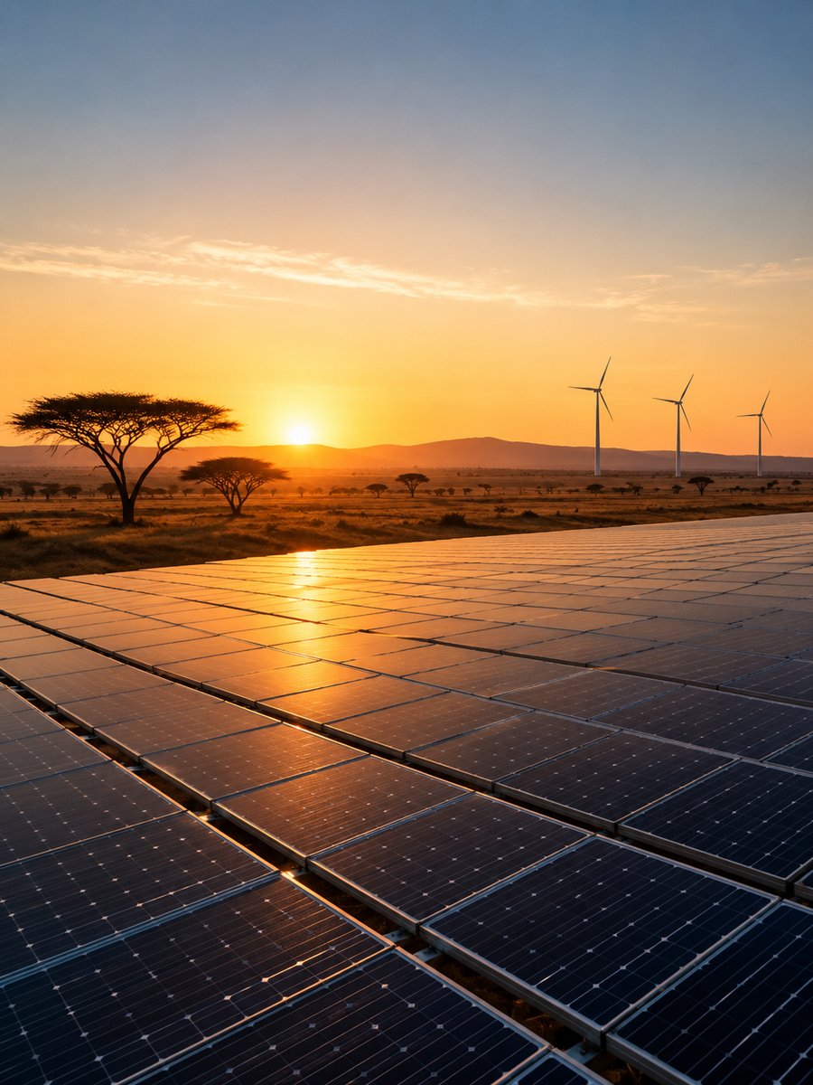 Solar-panel field at African dawn — acacia trees in silhouette and wind turbines distant against a golden sky