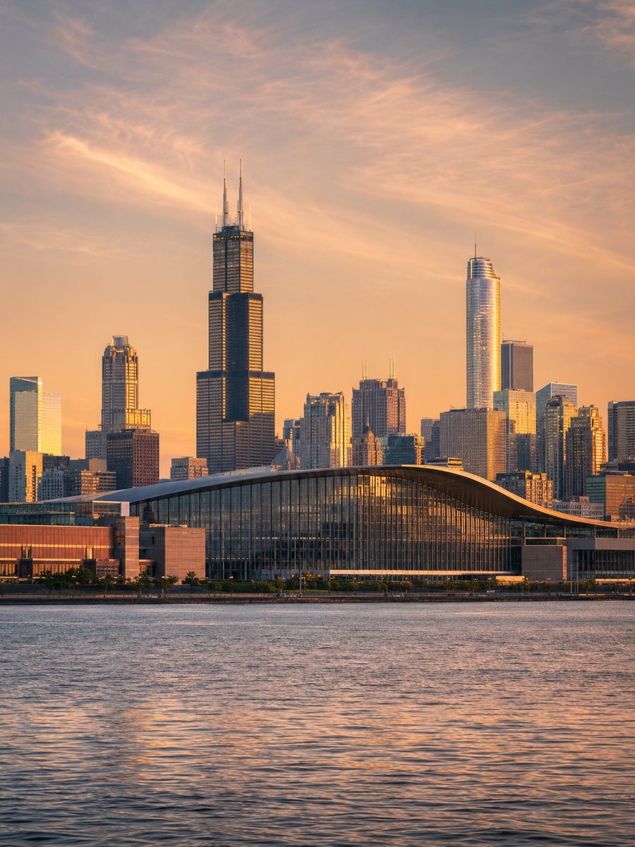 Chicago skyline at golden hour — Willis Tower and the modernist McCormick Place convention centre on the Lake Michigan shoreline