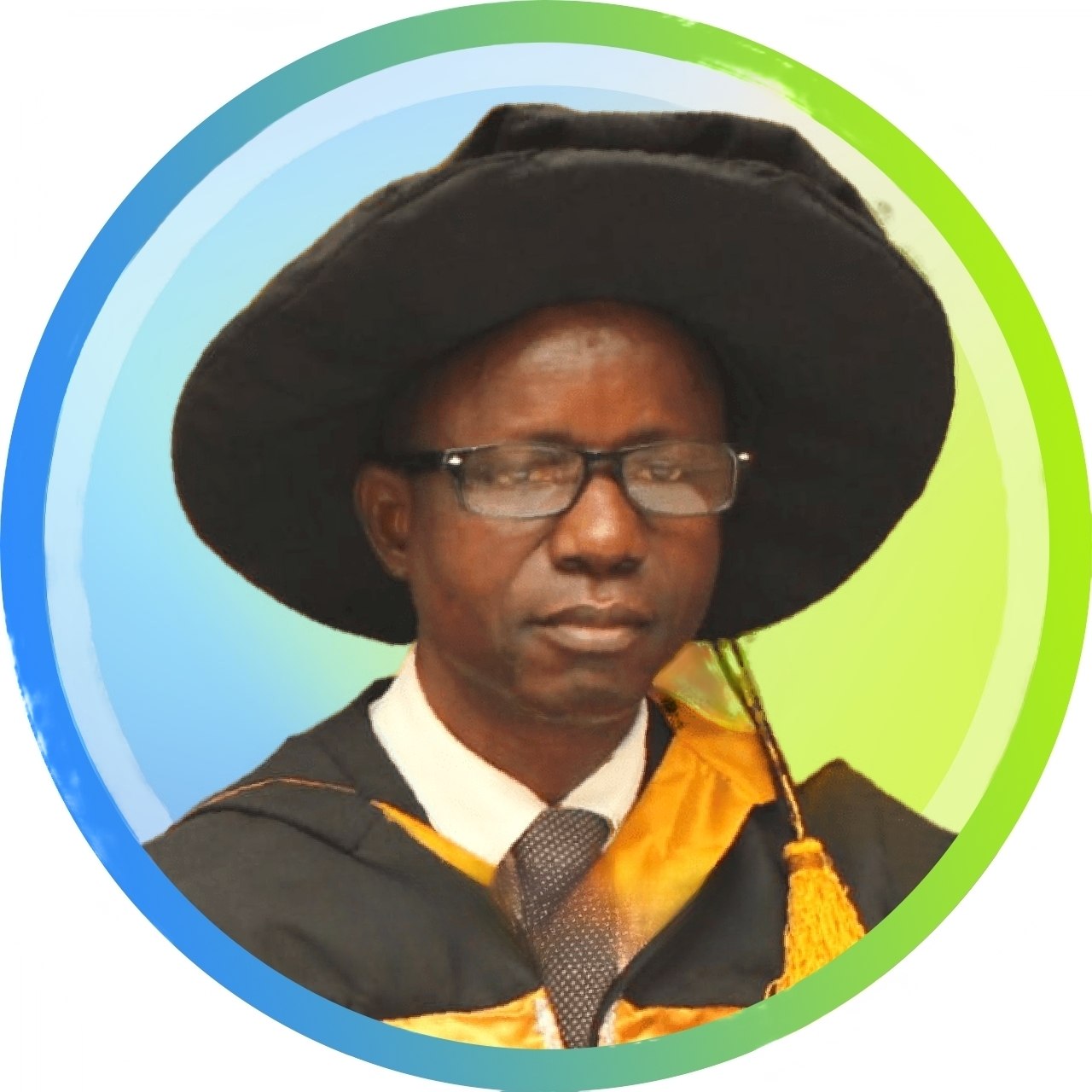 Prof. Ogunsakin-Akin in academic robes and graduation cap — circular framed portrait